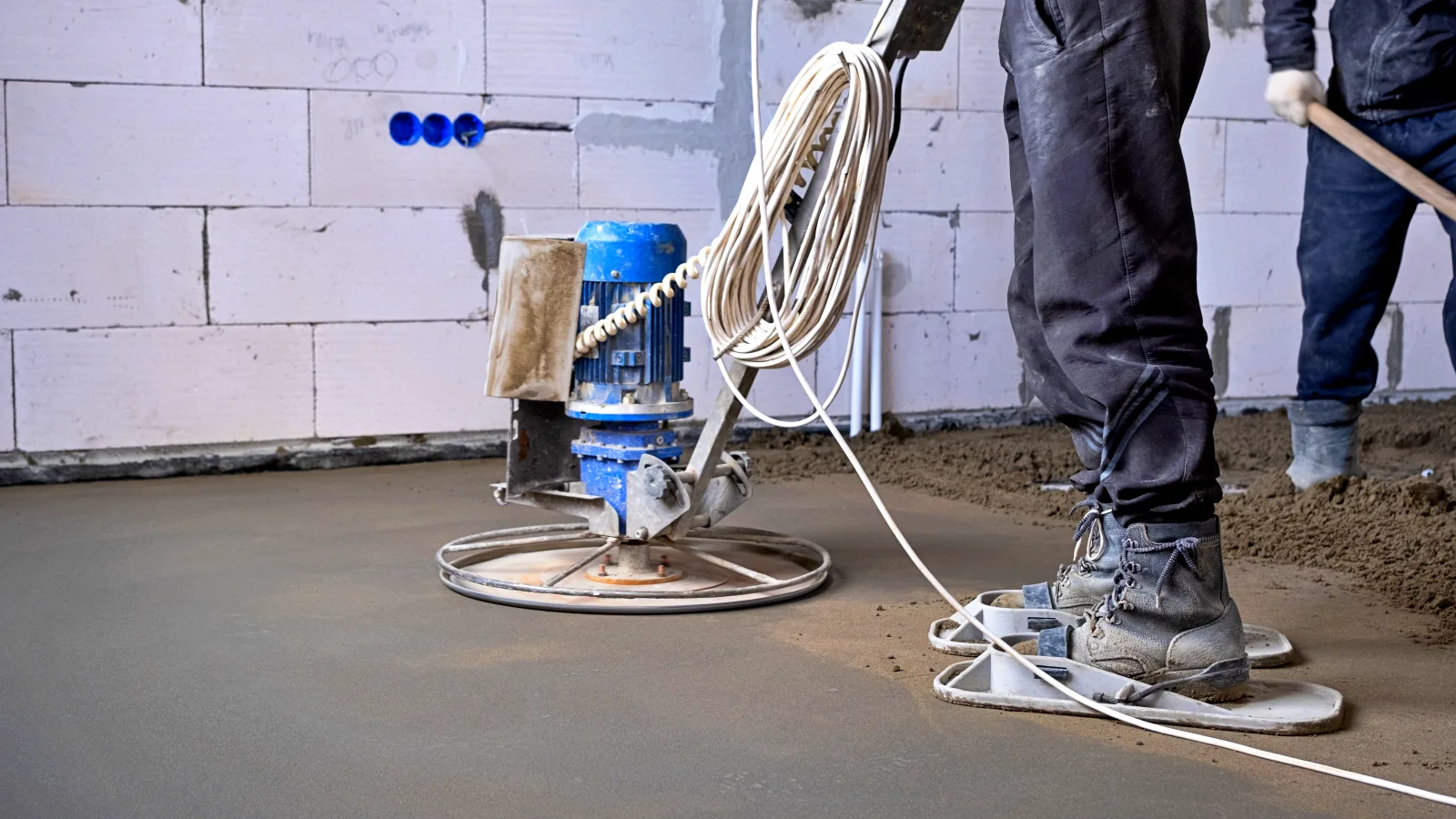 0_construction-workers-smoothing-wet-cement-floor-wi Concrete Driveways Monroe